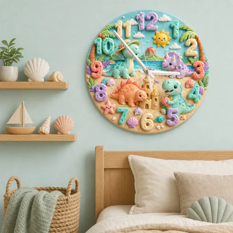 Pastel Beach Dinosaur Kids Room Wall Clock