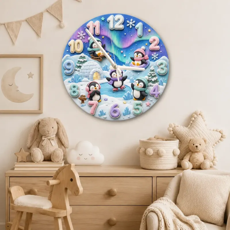 Whimsical Winter Wonderland Penguin Kids Room Wall Clock | Aurora Sky Nursery Decor, Beautiful Baby Shower Keepsake (13.6 inch / 34.5 cm)