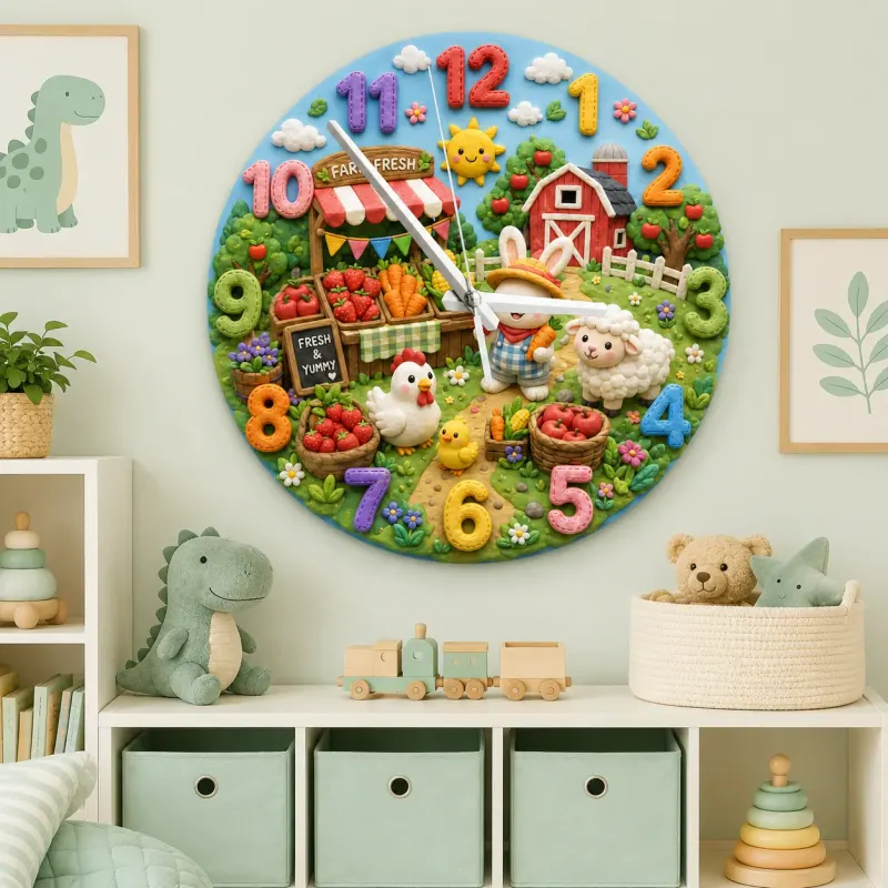 Farm Animals Kids Room Wall Clock | Bunny Farmer Nursery Decor, Baby Shower Birthday Gift Keepsake Toddler Room Art (13.6 inch / 34.5 cm)
