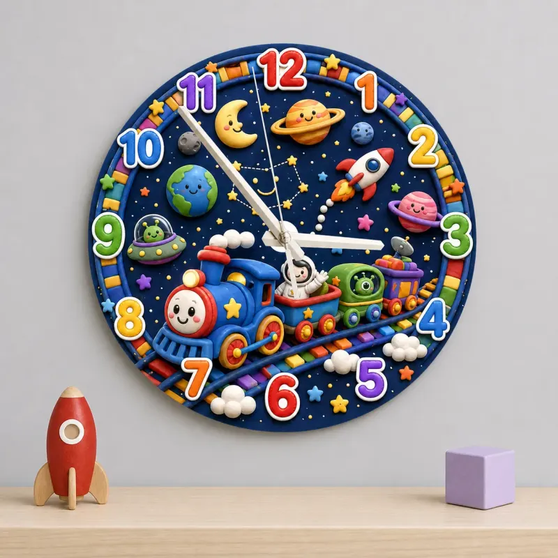 Galaxy Space Train Kids Room Wall Clock | Astronaut Nursery Decor, Little Boy Bedroom Baby Shower & Birthday Gift (13.6 inch / 34.5 cm)