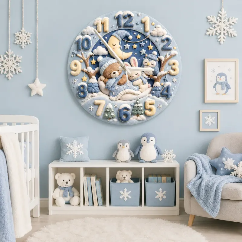 Sleepy Winter Bear & Bunny Kids Room Wall Clock | Blue Night Sky Nursery Decor, Sweet Baby Boy Shower Gift Keepsake (13.6 inch / 34.5 cm)