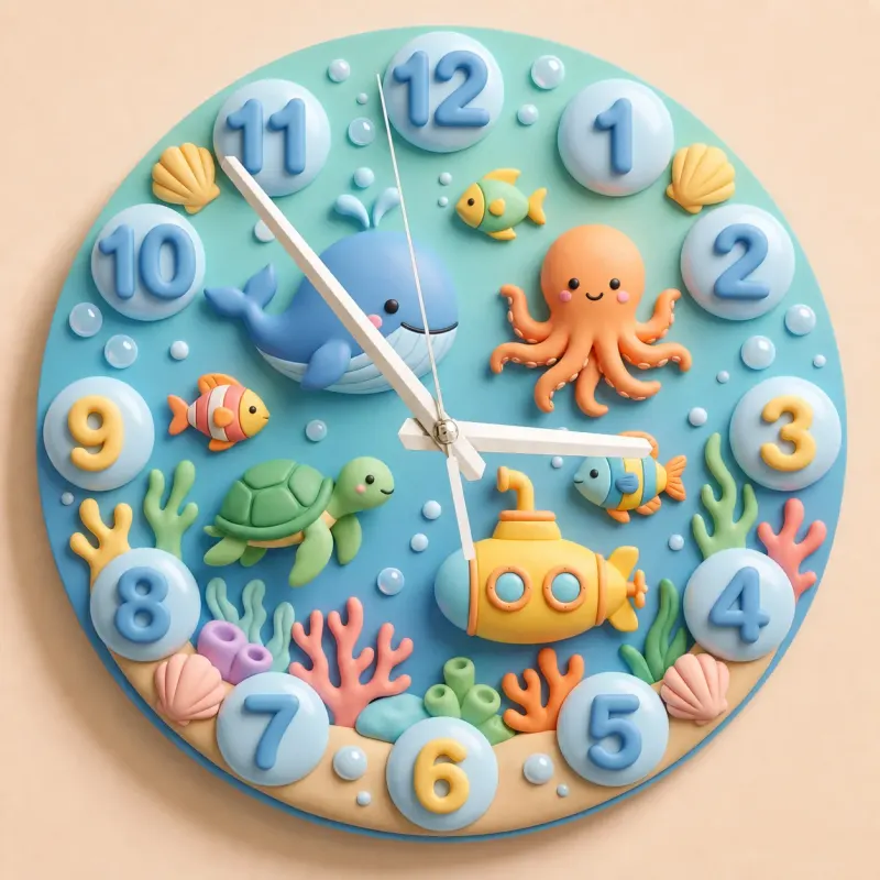Cute Under The Sea Ocean Animals Kids Room Wall Clock | Marine Life Nursery Decor, Baby Boy Room Birthday Present (13.6 inch / 34.5 cm)