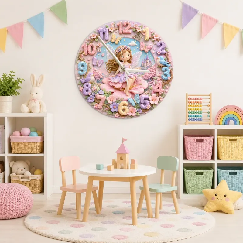 Magical Fairy Princess Kids Room Wall Clock | Enchanted Castle Floral Nursery Decor, Sweet Baby Girl Room Keepsake (13.6 inch / 34.5 cm)