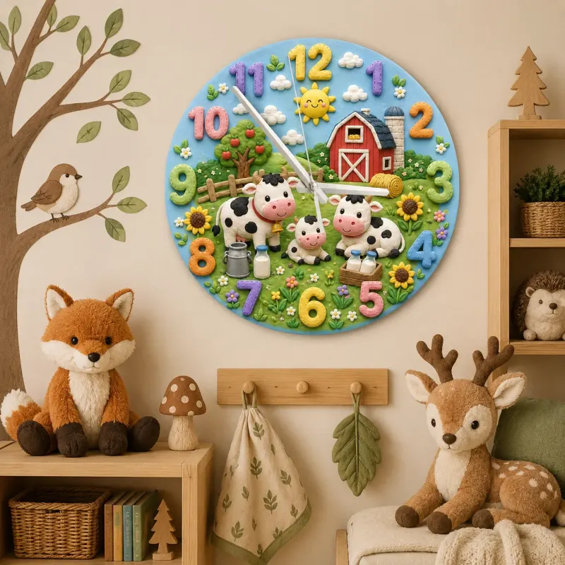 Farm Animal Cow Family Kids Room Wall Clock | Rustic Red Barn Nursery Decor, Baby Shower Gift For Boys And Girls Room (13.6 inch / 34.5 cm)