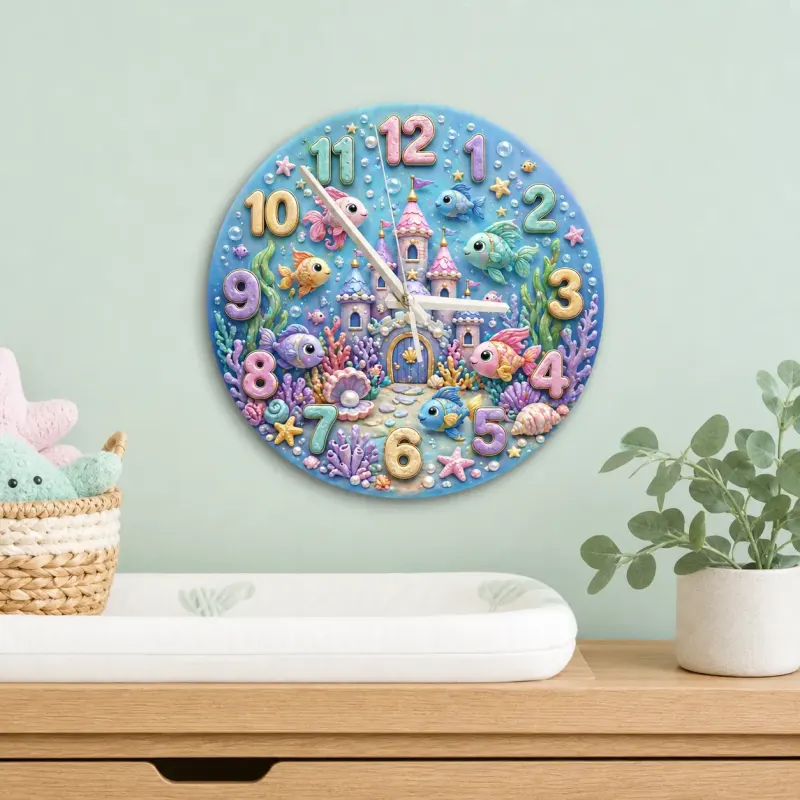 Magical Underwater Castle Kids Room Wall Clock | Pastel Ocean Fish Nursery Decor, Little Girl Bedroom Birthday Gift (13.6 inch / 34.5 cm)