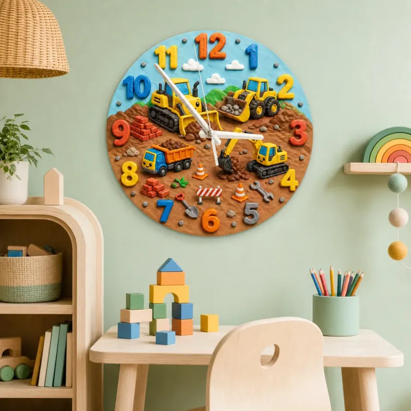 Construction Vehicles Kids Room Wall Clock | Playful Boys Bedroom Nursery Decor, Little Builder Birthday Gift Idea (13.6 inch / 34.5 cm)
