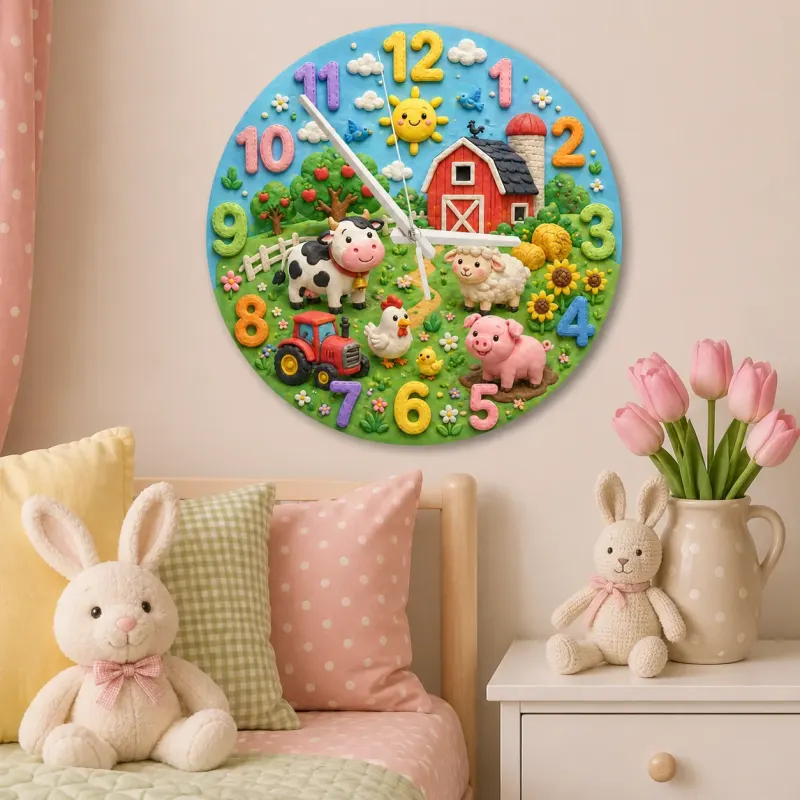 Farm Animals Barnyard Kids Room Wall Clock | Red Tractor Nursery Decor, Baby Boy Shower Gift & Playroom Keepsake Art (13.6 inch / 34.5 cm)