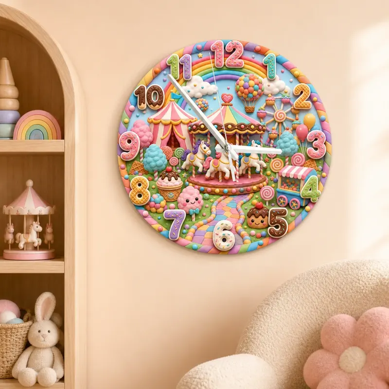 Candy Carnival Carousel Kids Room Wall Clock | Rainbow Nursery Decor, Sweet Little Girl Birthday Gift (13.6 inch / 34.5 cm)