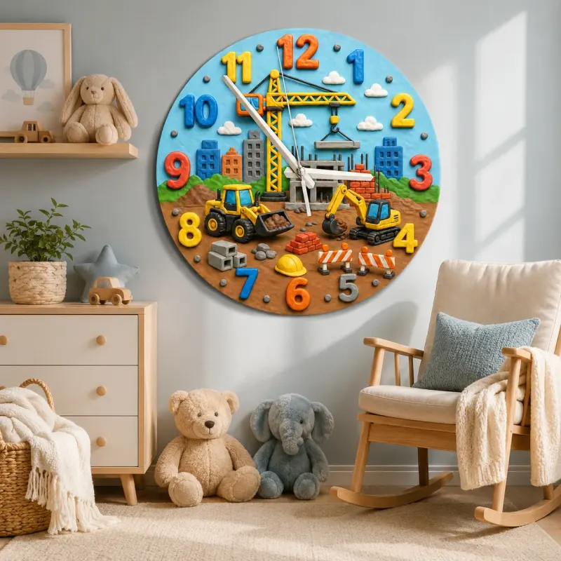 Construction Site Vehicles Kids Room Wall Clock | Boys Nursery Decor, Playroom Wall Art, Perfect Toddler Boy Gift Idea (13.6 inch / 34.5 cm)