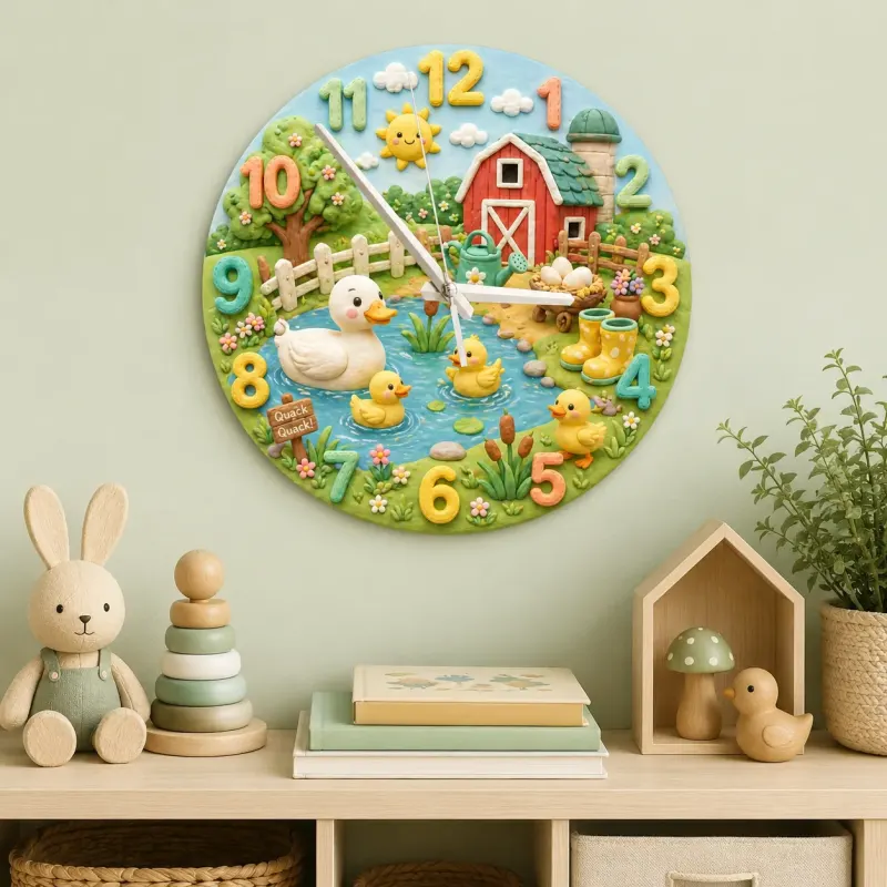 Cute Farmyard Duck Pond Kids Room Wall Clock | Whimsical Red Barn Nursery Decor, Baby Shower Gift For Boys Or Girls (13.6 inch / 34.5 cm)