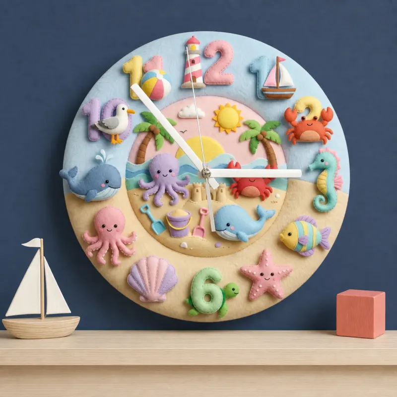 Pastel Ocean Animals Kids Room Wall Clock | Under The Sea Nursery Decor, Beach Theme Baby Shower Gift For Boy Girl (13.6 inch / 34.5 cm)