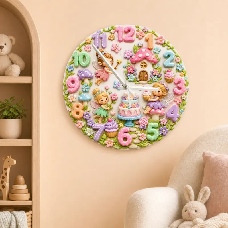 Fairy Mushroom Garden Kids Room Wall Clock | Magical Woodland Nursery Decor, Baby Girl Birthday Gift (13.6 inch / 34.5 cm)