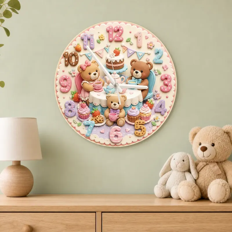 Teddy Bear Tea Party Kids Room Wall Clock | Pastel Nursery Decor, Sweet Baby Shower Birthday Gift (13.6 inch / 34.5 cm)