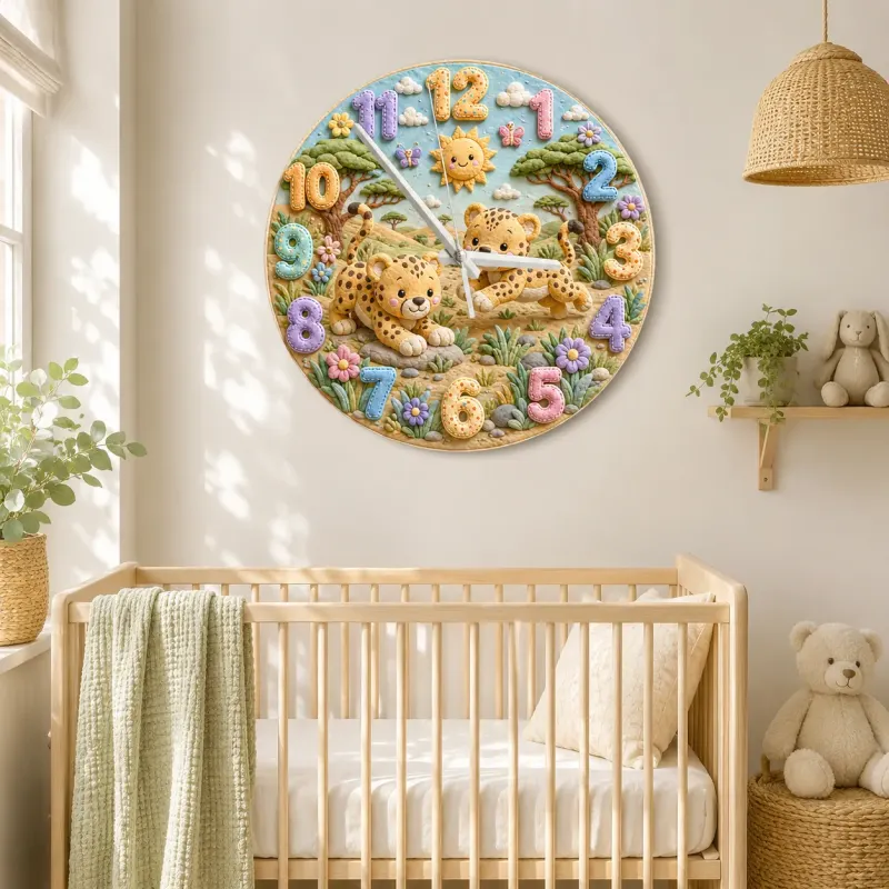 Playful Safari Cheetahs Kids Room Wall Clock | Jungle Animal Nursery Decor, Birthday Keepsake Gift For Boys & Girls (13.6 inch / 34.5 cm)