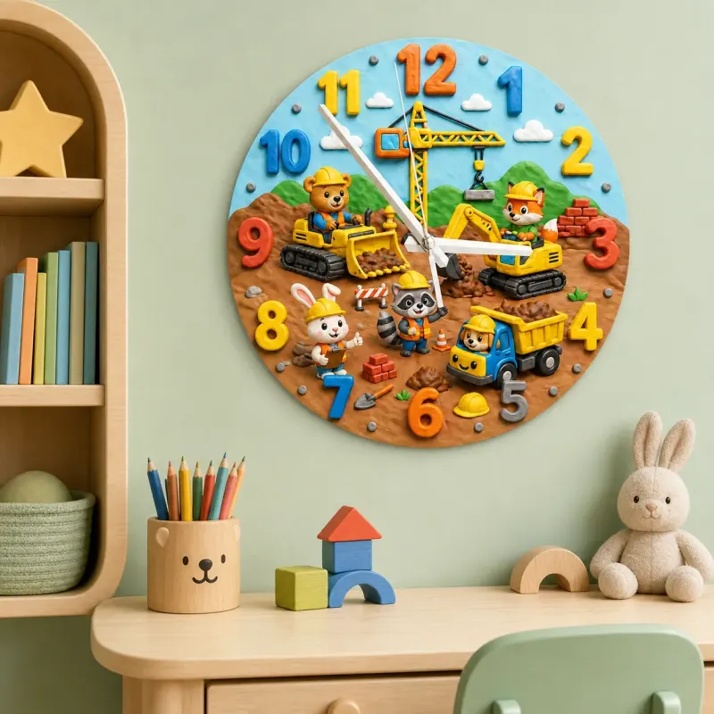 Construction Animals Kids Room Wall Clock | Little Builder Nursery Decor, Baby Boy Bedroom Makeover Birthday Gift (13.6 inch / 34.5 cm)