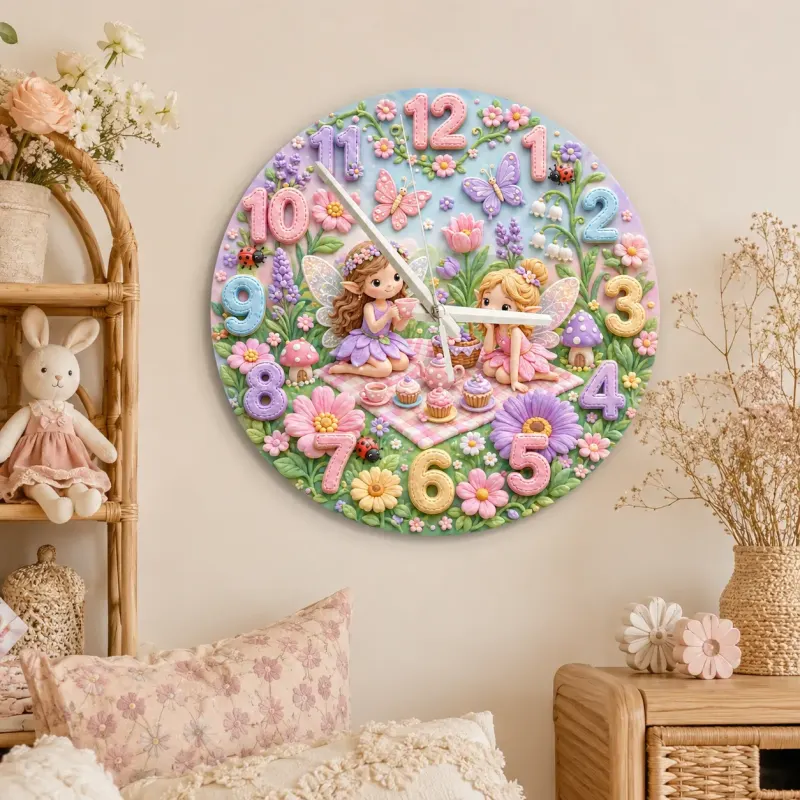 Magical Fairy Tea Party Kids Room Wall Clock | Enchanted Garden Nursery Decor, Pastel Girls Bedroom Birthday Present (13.6 inch / 34.5 cm)