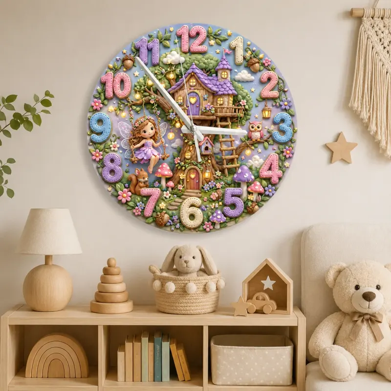 Enchanted Fairy Treehouse Kids Room Wall Clock | Magical Woodland Nursery Decor, Little Girl Birthday Keepsake Gift (13.6 inch / 34.5 cm)
