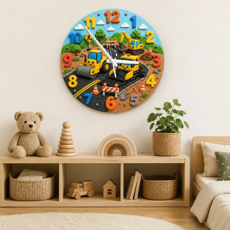 Construction Vehicles Kids Room Wall Clock | Yellow Excavator Nursery Decor, Toddler Boy Bedroom Birthday Keepsake (13.6 inch / 34.5 cm)