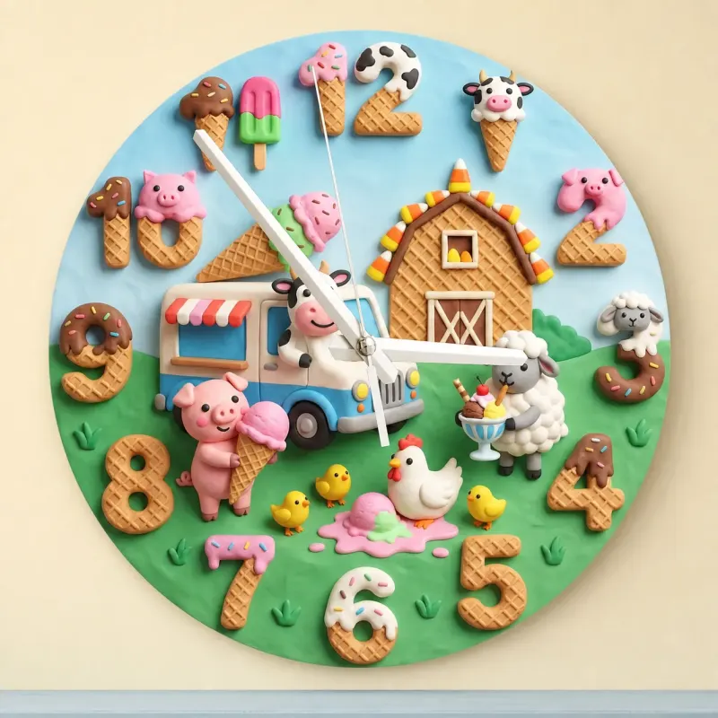 Sweet Ice Cream Farm Animals Kids Room Wall Clock | Playful Nursery Decor, Whimsical Baby Shower Birthday Gift Idea (13.6 inch / 34.5 cm)