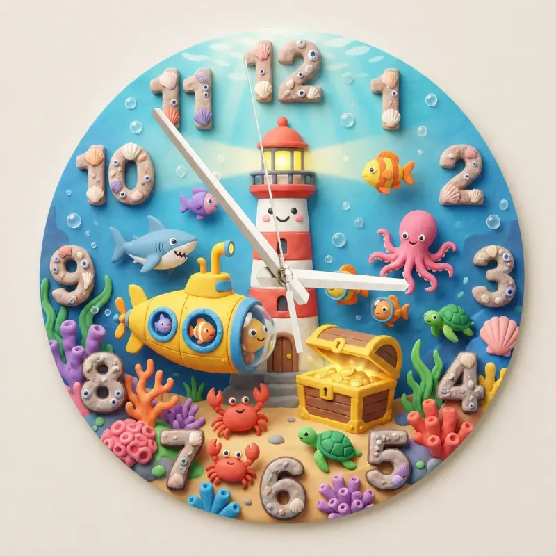 Under the Sea Ocean Animals Kids Room Wall Clock | Nautical Nursery Decor, Boys Playroom Decor, Baby Boy Shower Gift (13.6 inch / 34.5 cm)
