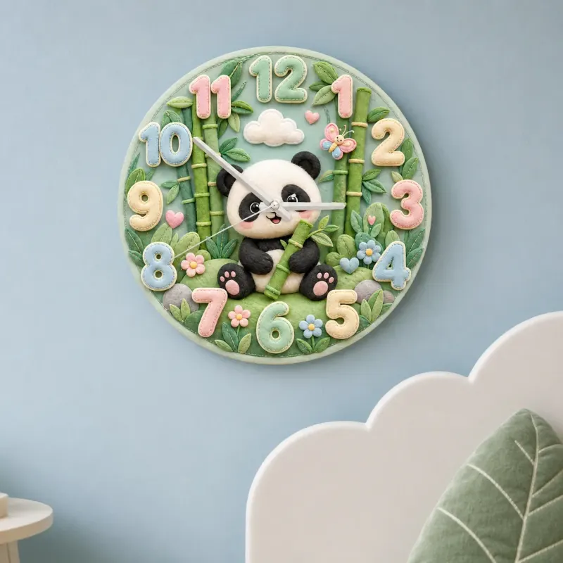 Pastel Panda Bear and Bamboo Kids Room Wall Clock | Cute Jungle Animal Nursery Wall Decor, Baby Shower Gift Keepsake (13.6 inch / 34.5 cm)
