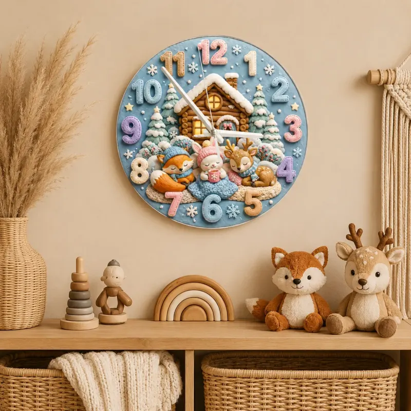 Cozy Winter Woodland Animals Kids Room Wall Clock | Snowy Cabin Nursery Decor, Baby Shower Gift For Girls And Boys (13.6 inch / 34.5 cm)