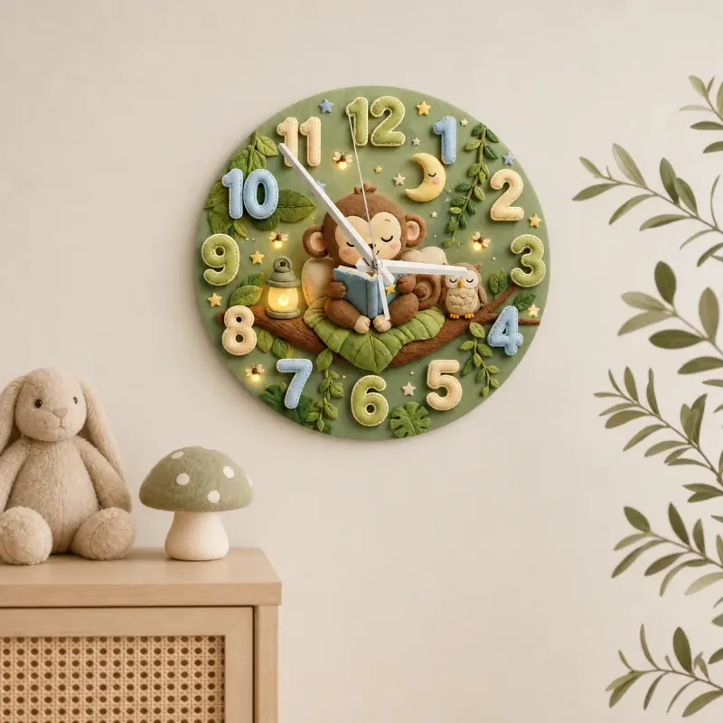 Cute Bedtime Reading Monkey Kids Room Wall Clock | Safari Jungle Nursery Decor, Baby Shower Gift For Boys & Girls (13.6 inch / 34.5 cm)