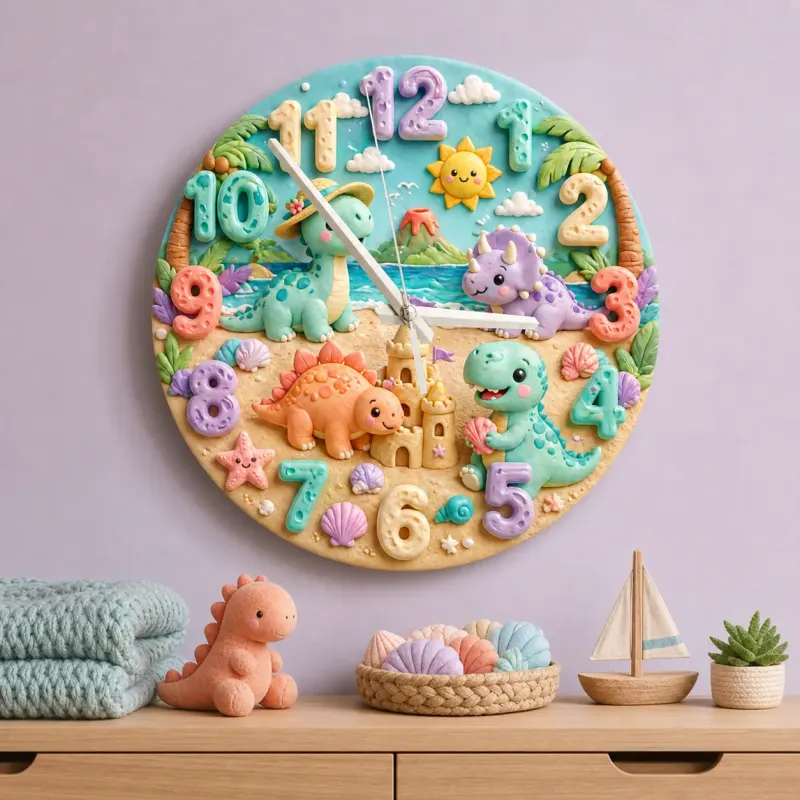 Pastel Beach Dinosaur Kids Room Wall Clock