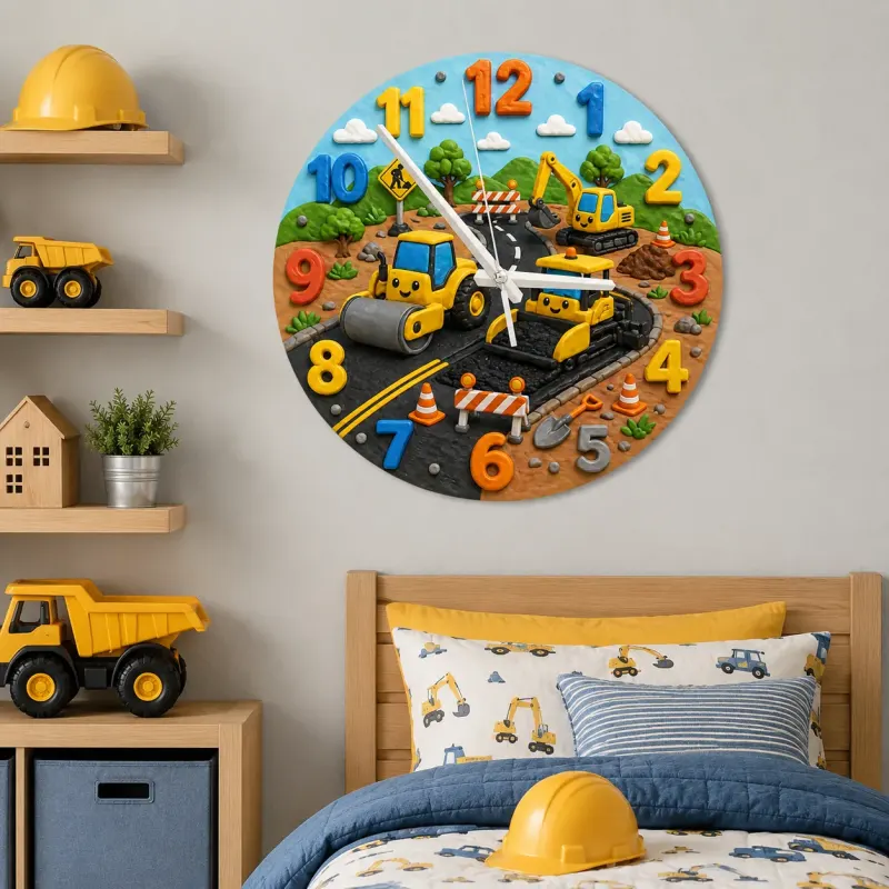 Construction Vehicles Kids Room Wall Clock | Yellow Excavator Nursery Decor, Toddler Boy Bedroom Birthday Keepsake (13.6 inch / 34.5 cm)