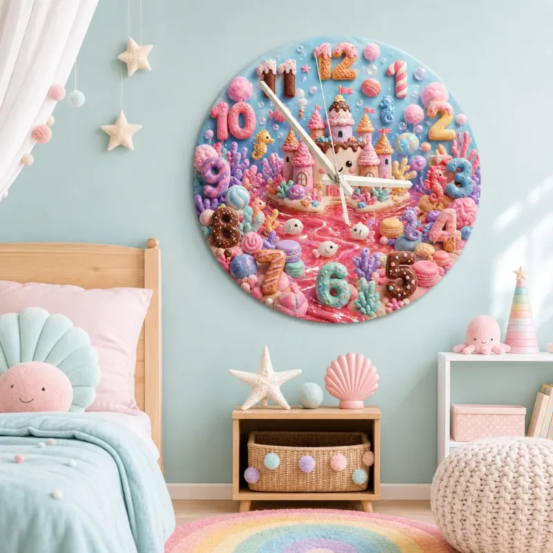 Pastel Candy Castle Kids Room Wall Clock | Sweet Ocean Fantasy Nursery Wall Decor, Little Girl Bedroom Birthday Gift (13.6 inch / 34.5 cm)