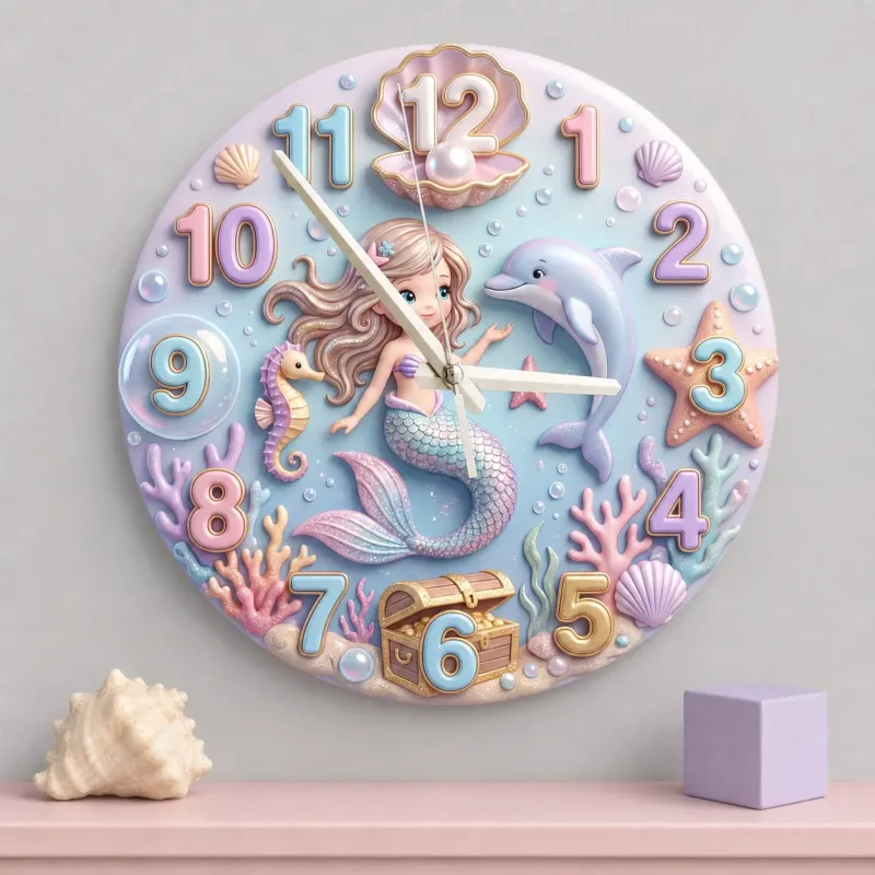 Pastel Mermaid And Dolphin Kids Room Wall Clock | Magical Ocean Nursery Decor Art, Little Girl Bedroom Birthday Gift (13.6 inch / 34.5 cm)