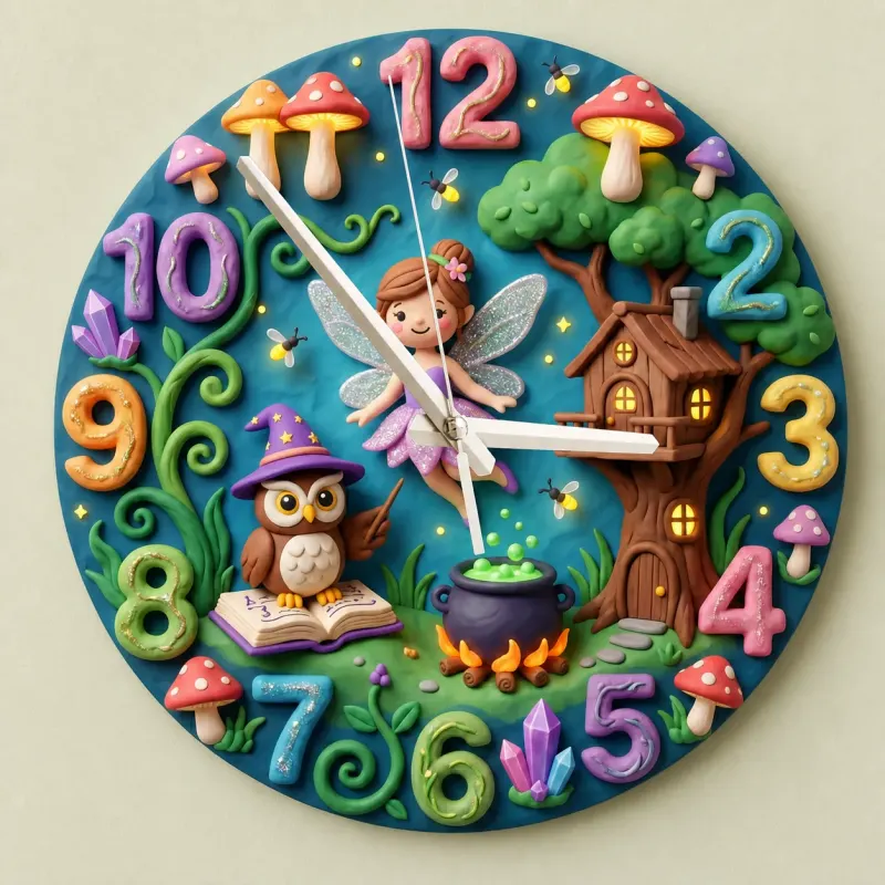 Enchanted Fairy & Wizard Owl Kids Room Wall Clock | Magical Forest Nursery Decor, Whimsical Baby Girl Bedroom Gift (13.6 inch / 34.5 cm)