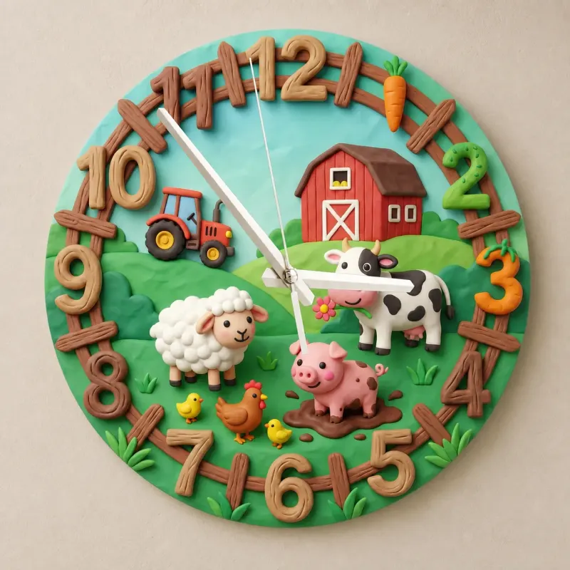 Farm Animals Barnyard Kids Room Wall Clock | Red Tractor Cow Pig Nursery Decor, Baby Boy Girl Birthday Keepsake Gift (13.6 inch / 34.5 cm)
