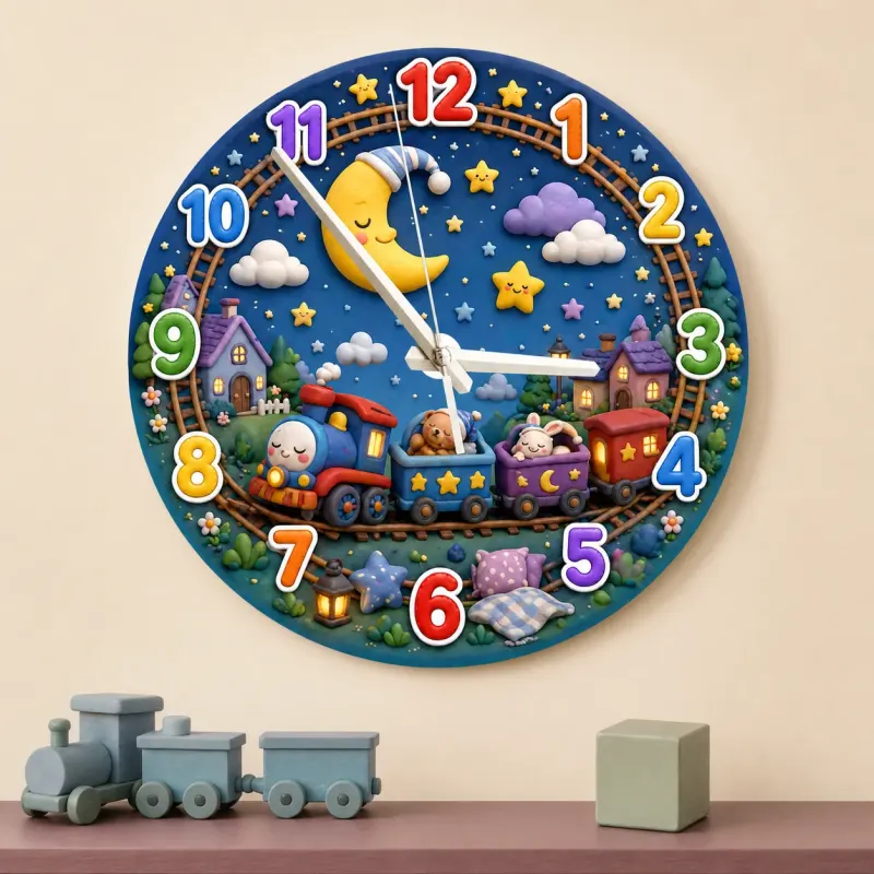 Nighttime Train & Sleeping Moon Kids Room Wall Clock