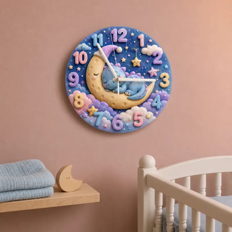 Sleeping Baby Dinosaur On Moon Kids Room Wall Clock