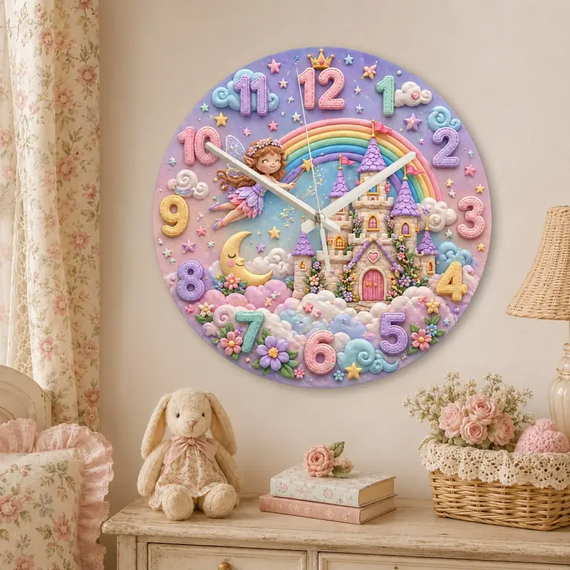Magical Fairy Tale Castle Kids Room Wall Clock | Pastel Rainbow Nursery Decor, Little Girl Bedroom Birthday Keepsake (13.6 inch / 34.5 cm)