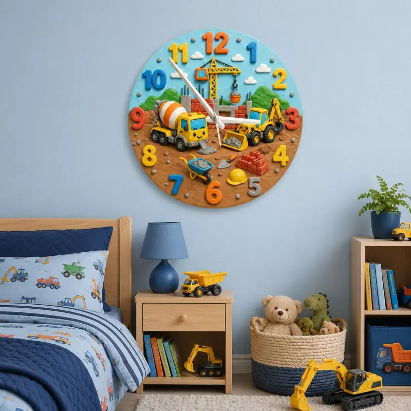 Construction Trucks Kids Room Wall Clock | Digger And Excavator Nursery Decor, Toddler Boy Playroom Birthday Present (13.6 inch / 34.5 cm)