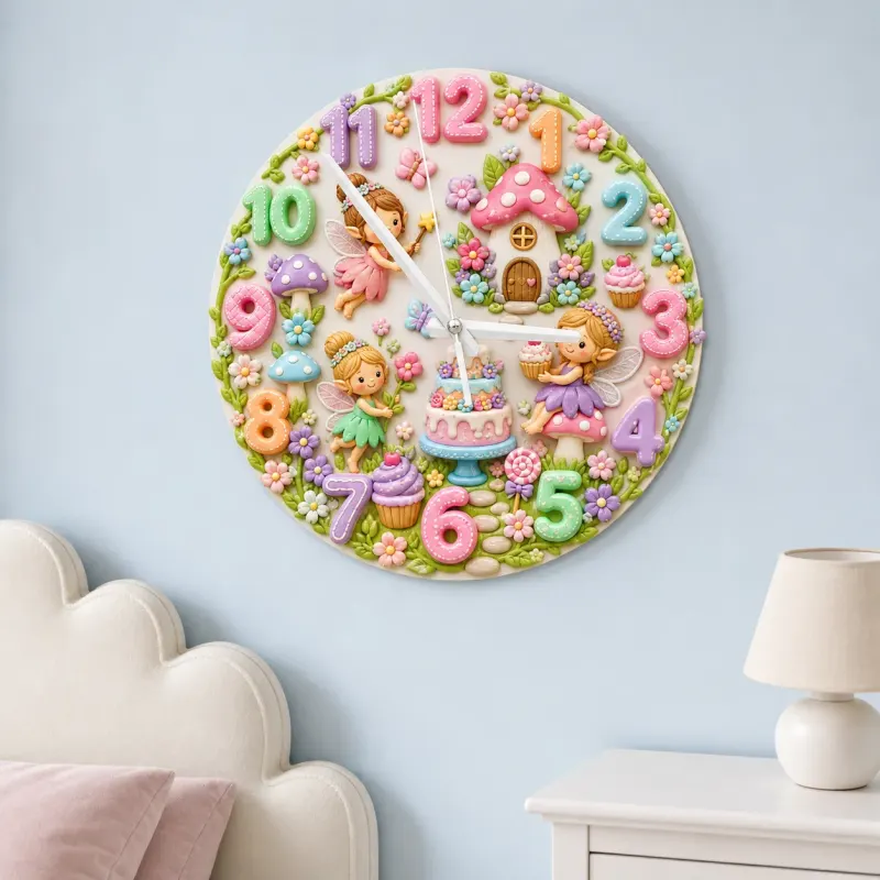 Fairy Mushroom Garden Kids Room Wall Clock | Magical Woodland Nursery Decor, Baby Girl Birthday Gift (13.6 inch / 34.5 cm)