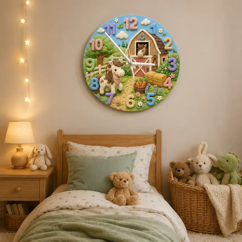 Cute Pony and Farm Barn Kids Room Wall Clock | Rustic Animal Nursery Decor, Baby Shower Gift for a Little Girls Room (13.6 inch / 34.5 cm)