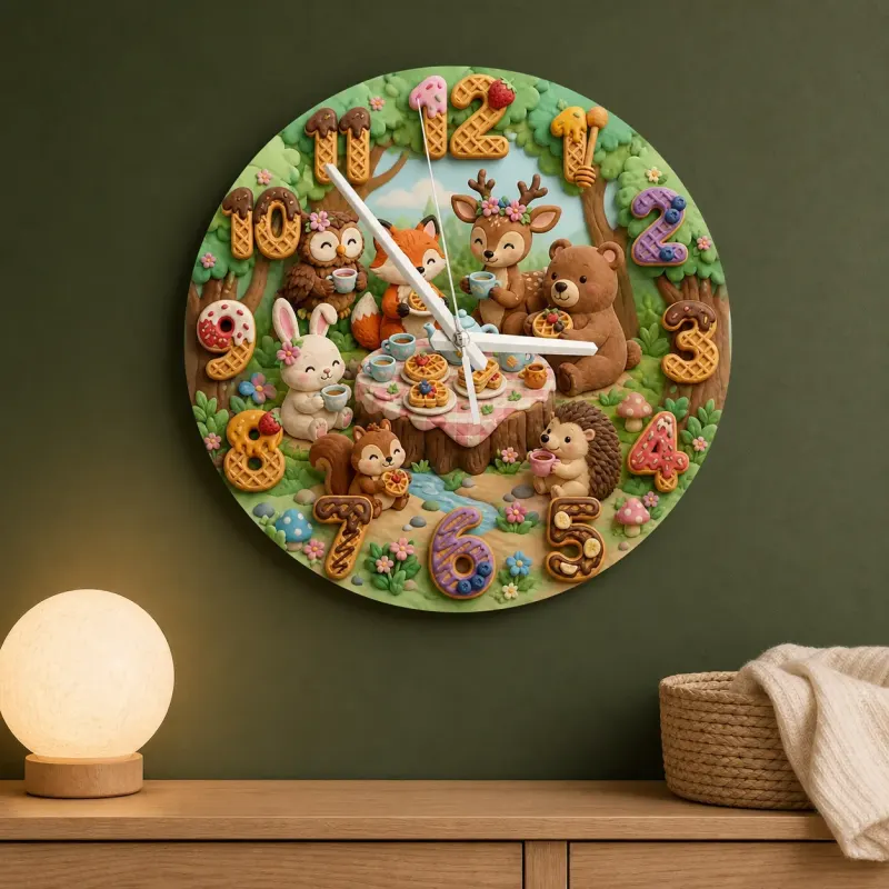 Woodland Animal Tea Party Kids Room Wall Clock | Forest Nursery Decor, Baby Shower Birthday Gift Keepsake (13.6 inch / 34.5 cm)