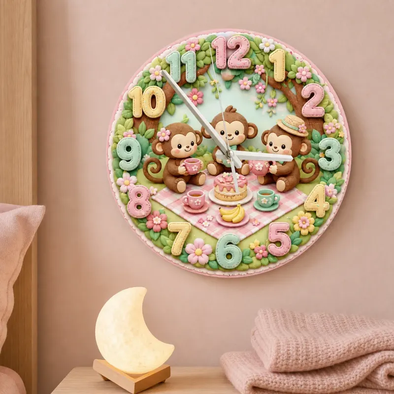 Monkey Tea Party Picnic Kids Room Wall Clock | Pastel Floral Nursery Decor, Sweet Baby Girl Shower And Birthday Gift (13.6 inch / 34.5 cm)