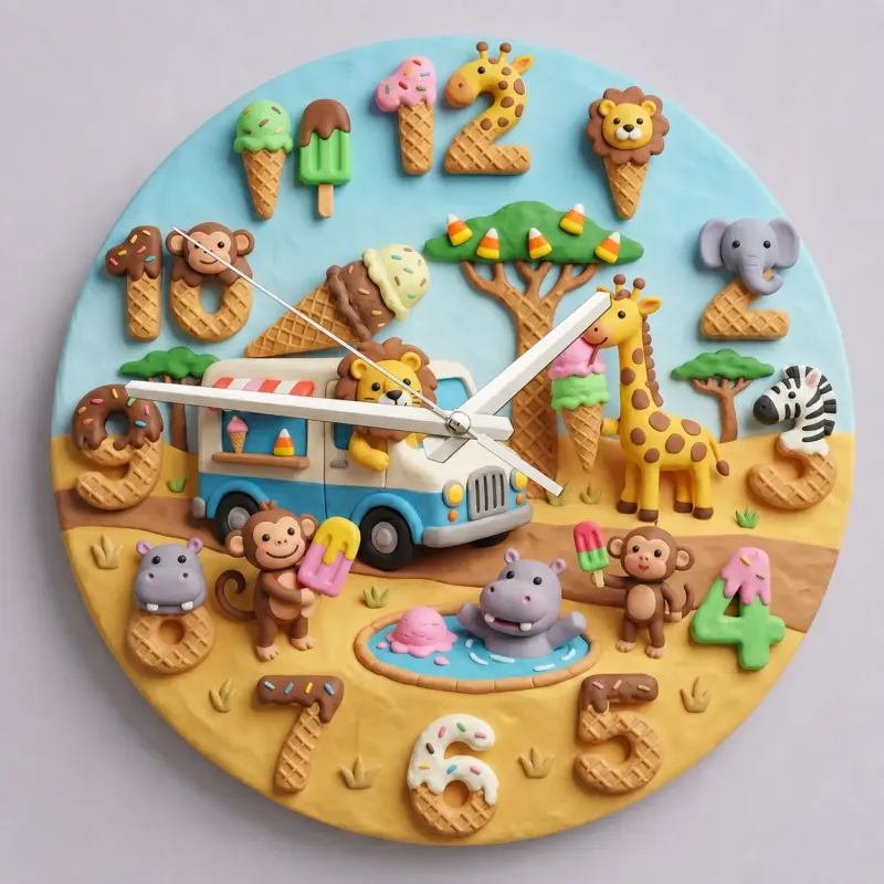 Safari Ice Cream Truck Kids Room Wall Clock | Sweet Jungle Animal Nursery Decor, Toddler Playroom Birthday Gift Art (13.6 inch / 34.5 cm)