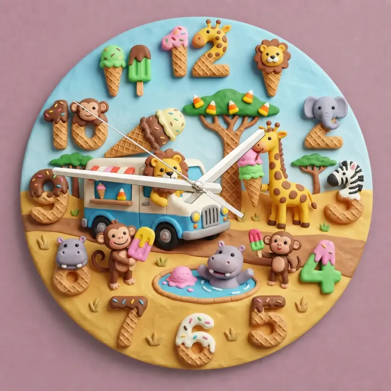 Safari Ice Cream Truck Kids Room Wall Clock | Sweet Jungle Animal Nursery Decor, Toddler Playroom Birthday Gift Art (13.6 inch / 34.5 cm)