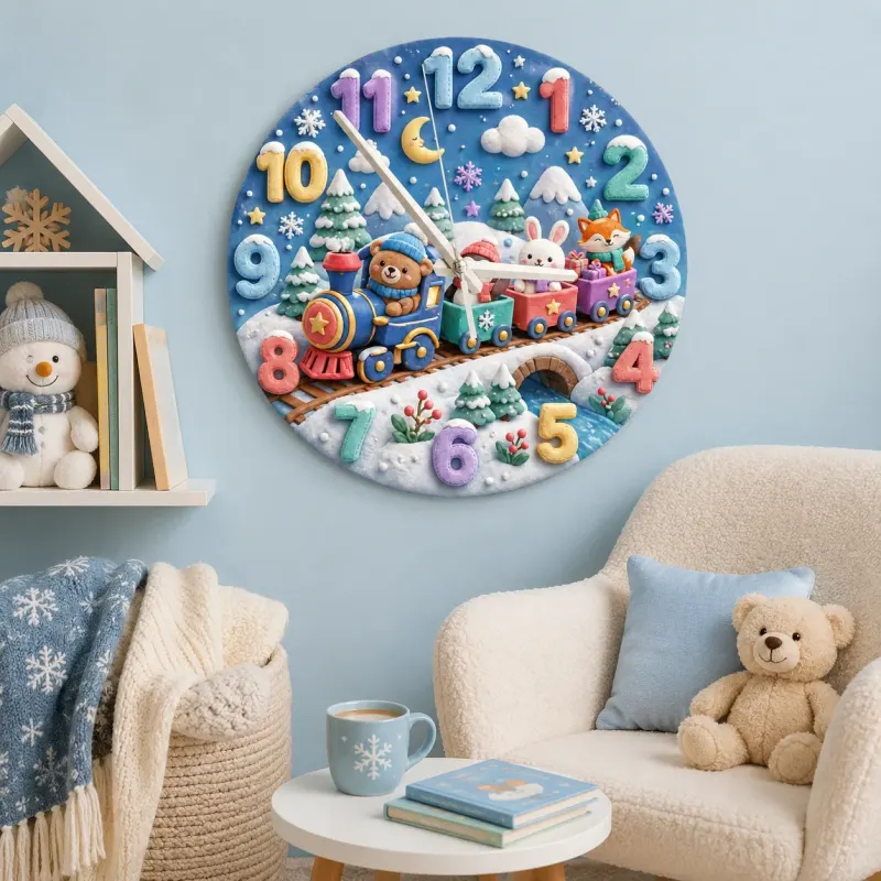Winter Animal Train Kids Room Wall Clock | Snowy Woodland Nursery Decor, Beautiful Baby Shower Gift For Boy Or Girl (13.6 inch / 34.5 cm)