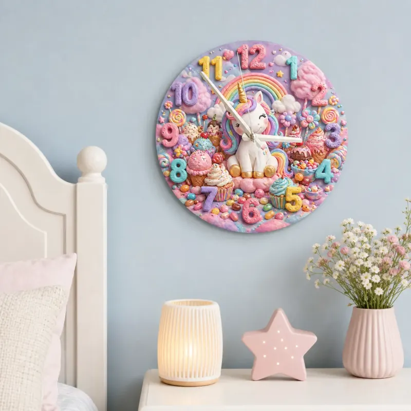 Magical Unicorn Candy Land Kids Room Wall Clock | Pastel Rainbow Nursery Art Decor, Sweet Little Girl Birthday Gift (13.6 inch / 34.5 cm)