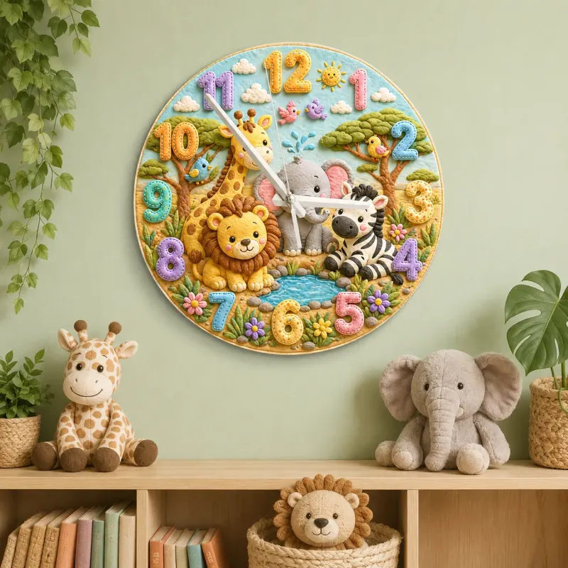 Safari Jungle Animals Kids Room Wall Clock | Cute Lion Elephant Nursery Decor, Unique Baby Shower Gifts for Newborns (13.6 inch / 34.5 cm)