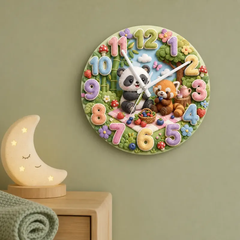 Woodland Panda & Red Panda Picnic Kids Room Wall Clock | Cute Forest Animal Nursery Decor, Baby Shower Gift Keepsake (13.6 inch / 34.5 cm)