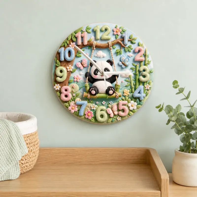 Whimsical Panda on Swing Kids Room Wall Clock | Cute Pastel Woodland Nursery Decor, Baby Shower Gift for Boys & Girls (13.6 inch / 34.5 cm)
