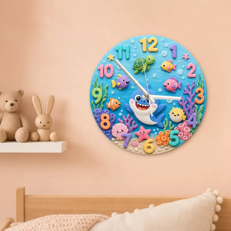 Ocean Shark Sea Creatures Kids Room Wall Clock | Underwater Nursery Decor, Baby Boy And Girl Birthday Gift Keepsake (13.6 inch / 34.5 cm)