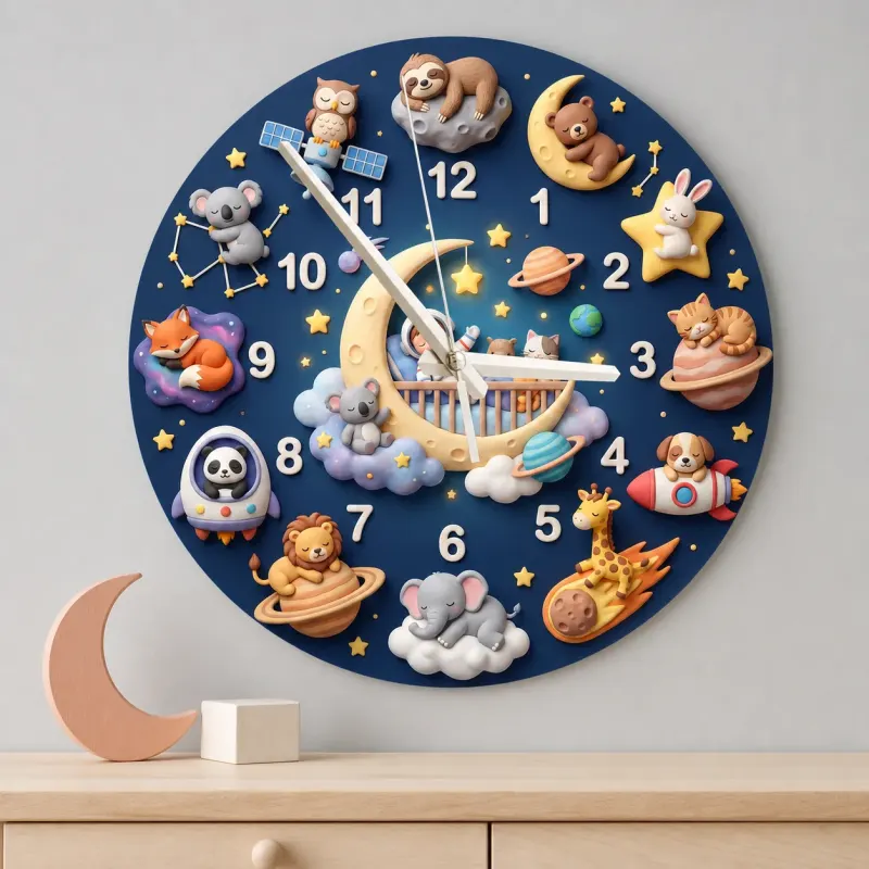 Space Animals & Planets Kids Room Wall Clock | Whimsical Night Sky Nursery Decor, Baby Shower And Birthday Present (13.6 inch / 34.5 cm)